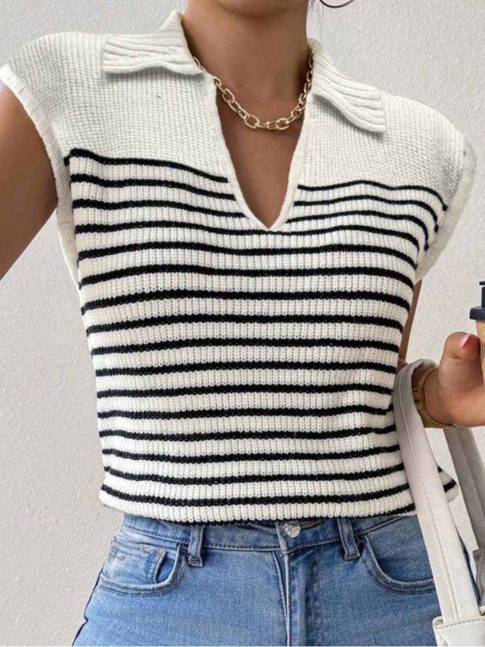 Sincerly Jules White & Black Striped V-Neck Knit Polo Vest